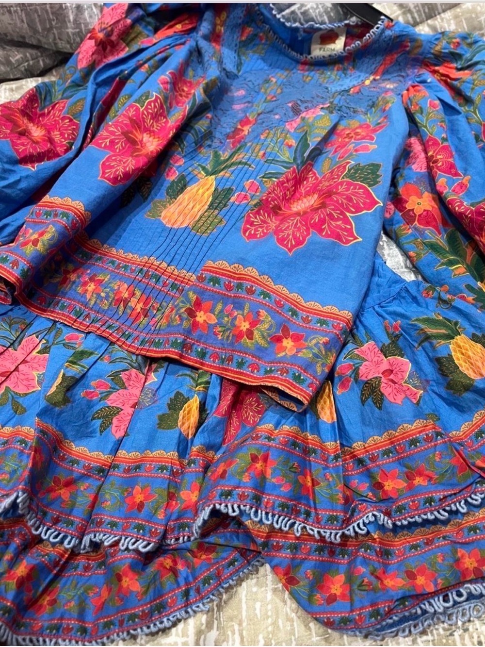 FARM RIO Bright Blue Floral Set. Double Ruffle Mini Skirt 3/4 Sleeve Top.